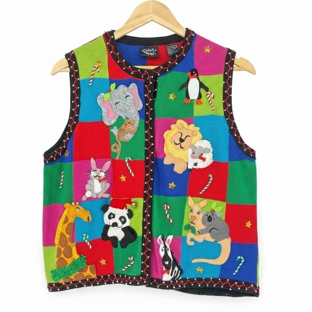 Vintage Christine Rotelli Christmas‎ Safari Animal Patchwork Knit Sweater Vest